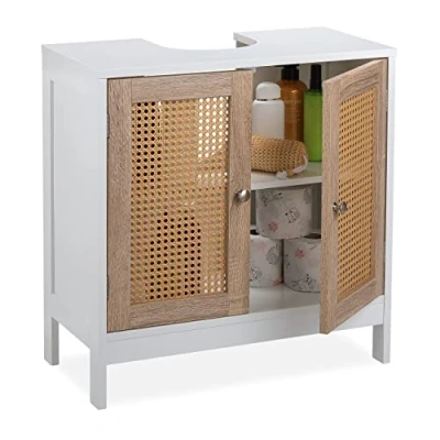 Image of Relaxdays Vanity Unit, 2 Compartments, Siphon Recess, Rattan Doors, Bathroom Cabinet, 61.5 x 60 30 cm, White/Natural, 80% fibreboard 20% plastic