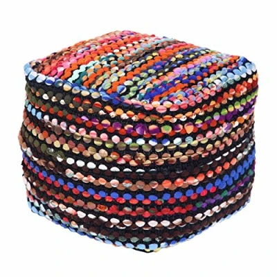 Image of HOMESCAPES Multi Coloured Bohemian Style Folk Pouffe Footstool Chindi Recycled Fleece with Filling, 60 cm Square