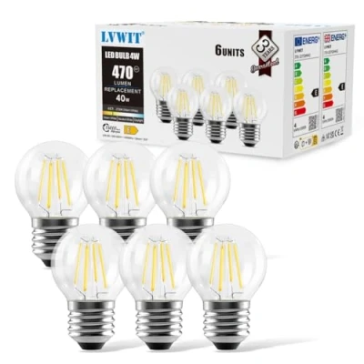 Image of LVWIT 4W G45 E27 LED Filament Golfball Bulb, 6 Pack, 470Lm 40W Replacement, Non dimmable, Warm White 2700K 80Ra, Vintage Glass Mini Globe Bulb
