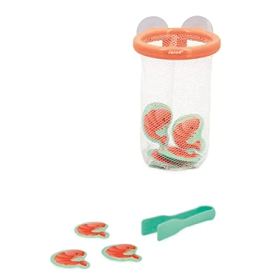 Image of Janod Shrimp Catcher Babies’ Bath Toy 12 + 1 Tongs Suction Basket Early Learning 24 Months +, J04730, Salmon Pink / Turquoise