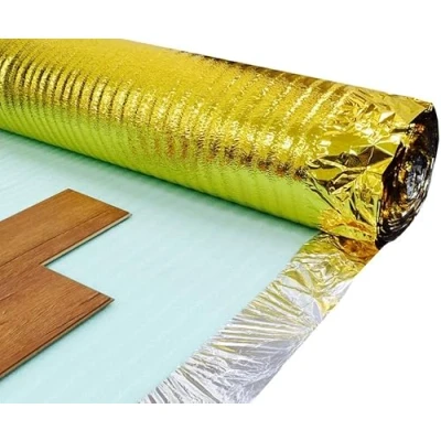 Image of Imperial Studios Comfort Gold Underlay 3mm Acoustic for Wood or Laminate Flooring Barrier Plus Foil Damp Proof Membrane Great Sound &amp; Heat Insulation (Roll Dimension: 15㎡)