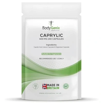 Image of BodyGenix Caprylic Acid Capsules 600mg Candida Cleanse Digestive Health Heart Skin Brain Immune System Support 240 Caps Vegan Food Supplement 8 Month Supply
