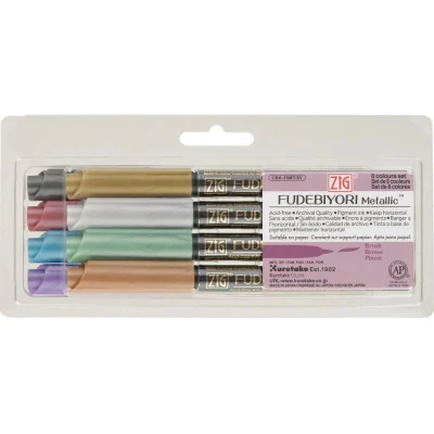 Image of Kuretake Zig Fudebiyori Metallic Water Based Pigment Pen Set of 8, Brush Tip