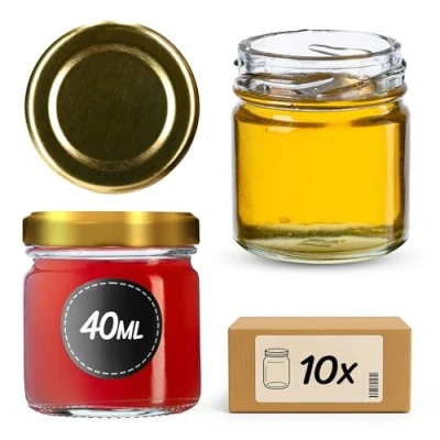 Image of KADAX Glass Jars 40 ml, Mini Preserving with Metal Lids for Homemade Jam and Honey, Small Storing Spices Herbs (Gold, Set of 10)