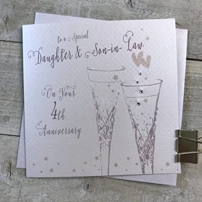 Image of White cotton cards Daughter &amp; Son in Law 4th Flowers Wedding Anniversary Flutes