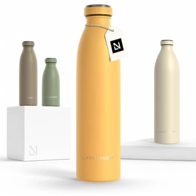 Image of LARS NYSØM Stainless Steel Insulated Water Bottle 12oz 17oz 25oz 34oz 51oz Thermo Flask for Hot and Cold Beverages Leakproof Drinking (Mustard Yellow, 750ml)