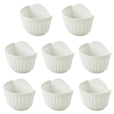 Image of 8 Pack Resin Wall Hanging Planter Pots Vertical Garden Living Mount Window Hang Indoor Outdoor Plant Flower Basket for Kitchen Herbs Balcony Railing Shelf Fence Bedroom Trellis Decor Modern White