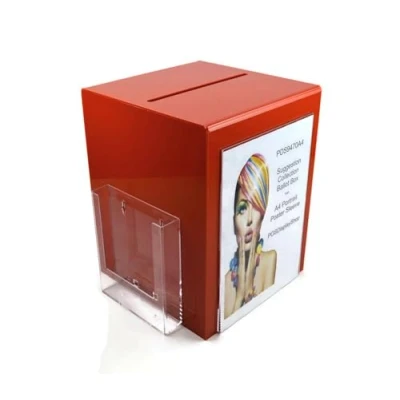 Image of Pos Display Shop Large Red Acrylic Collection Box/Comments Box/Suggestion Box/Ballot Box/Feedback Box with A5 Leaflet Holder + A4 Portrait Poster PDS9470A4