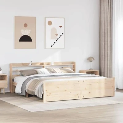 Image of vidaXL Bed Frame with Headboard Base Double Beds, Solid Pine Wood, w/Storage Shelves, 200x200 cm, Modern Style, Bedroom