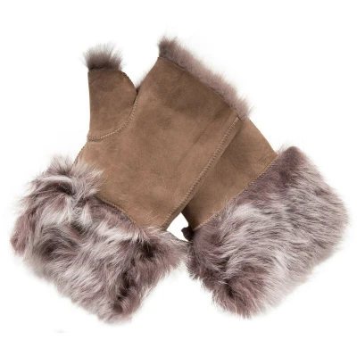 Image of Infinity Leather Womens Warm Winter Shearling Taupe Toscana Fingerless Cuffs Suede Sheepskin Mitten Gloves
