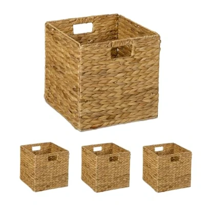 Image of Relaxdays Storage Basket, Set of 2, Water Hyacinth, Cube Shelf Box, 30x30x30 cm, Organiser for Clothes &amp; Toys, Natural, Plant fibre, Iron