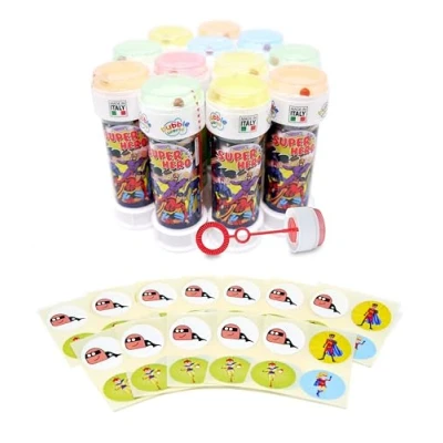 Image of Anila&#039;s Themed Bubble Tubs with Wand &amp; Stickers for Party Bag Fillers and Favours Children 36 Superhero Individual Stickers. (Ideal Aged 3 8)