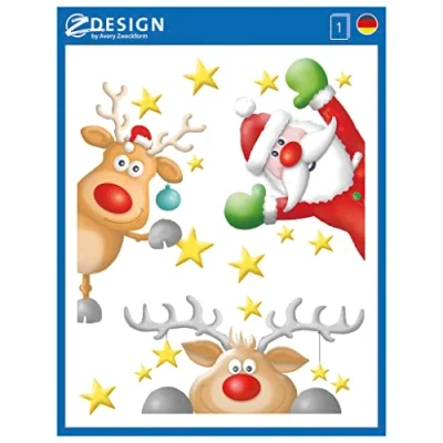 Image of AVERY Zweckform 6 Window Decorations Reindeer Santa Claus Stars (Made in Germany, Self Adhesive Stickers, Christmas Decoration, Film, Removable, Reusable) 1 Sheet / 52953