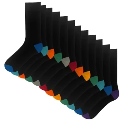 Image of The Essentials Wardrobe Mens 12 Pack Contrast H&amp;T Socks UK 6 11/EU 39 45 Black