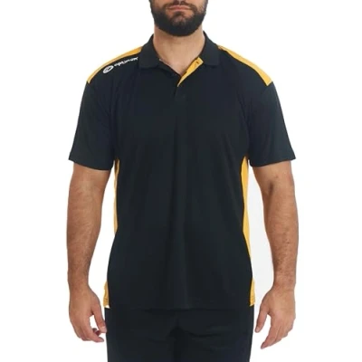 Image of Optimum Tempo Sport Tech Polo Shirt Quick Dry, Lightweight, 160GSM Micro Mesh, Moisture Wicking Polyester, Athletic Fit for Gym, Running, Team Sports Size 2XL Black/Amber