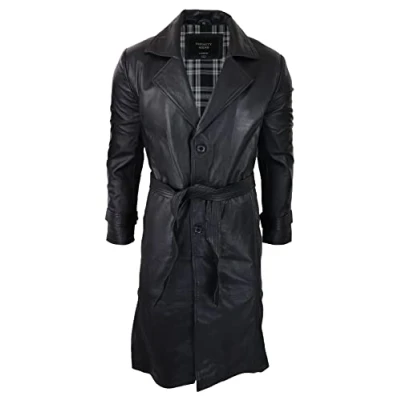Image of TruClothing Mens Black 3/4 Mac Long Real Leather Classic Belted Punk Jacket Coat Vintage 80s 4XL