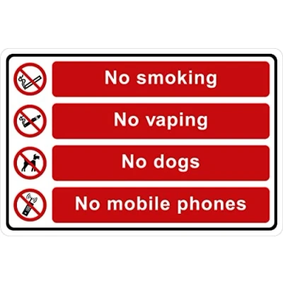Image of Pack of 2 rigid plastic signs 300mm x 200mm 3mm with rounded corners No smoking vaping dogs mobile phones