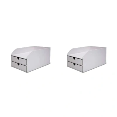 Image of OSCO White Faux Leather 2 Tier Sorter with Letter Tray Pack A4 Drawers Desk Tidy Document Storage Paperwork Organiser File Holder 35 x 25 18.5 cm