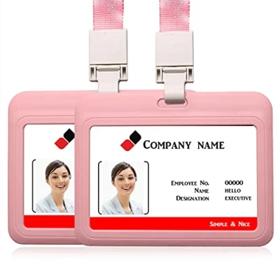 Image of 2PCS Horizontal ID Card Badge Holder with Lanyard Neck Strap Name Tag Student Work (Pink)