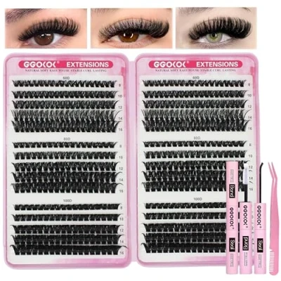 Image of GGOKOK DIY Lash Clusters Kit 60D+80D+100D Fluffy Volume 8 16MM Thick Eyelash Extension Individual Lashes Bond and Seal Tweezers(60D 80D 100D)
