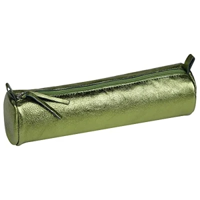 Image of Clairefontaine Ref 8711C Cuirisé&#039; Leather Round Pencil Case 22cm x 5.5cm, Made From Genuine Lambskin Leather, Metal Zip With Puller Green