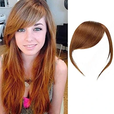 Image of Thick Side Bangs Real Human Hair Clip In Straight Fringe Extensions(Light Brown Color,With Temples)