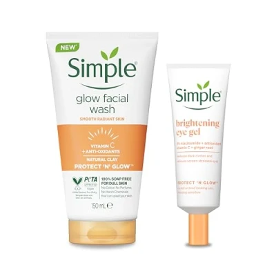 Image of Simple Protect &#039;N&#039; Glow Express Clay Polish Cleanser 150 ml &amp; ‘n’ Brightening Eye Gel cruelty free and vegan 25 2 piece