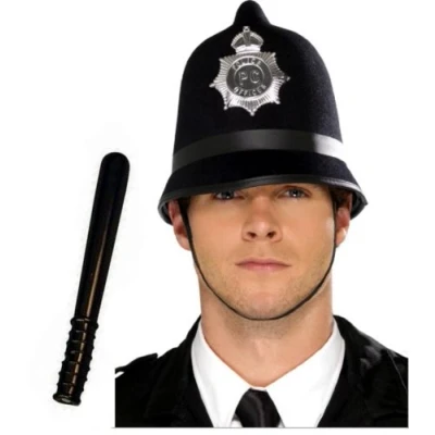 Image of Mens Adult British Bobby English Policeman Police Helmet &amp; Truncheon Fancy Dress