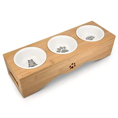 Image of Navaris Raised Cat Bowls Elevated Triple Food Bowl Feeder Ceramic Feeding Dishes with Bamboo Stand 3 Dish Station Set Printed Designs
