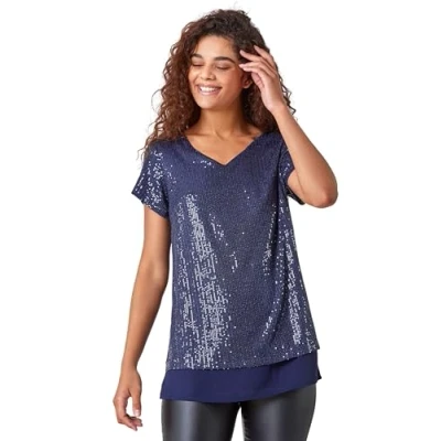 Image of Roman Womens V Neck Sequin Contrast Hem Tunic Stretch Top Navy Size 10 UK