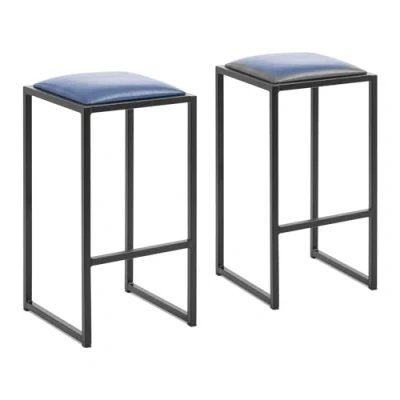 Image of Royal Catering RCBS MC2 Bar Stools Set of 2 Black/Blue Stackable Faux Leather Upholstery Chair Outdoor