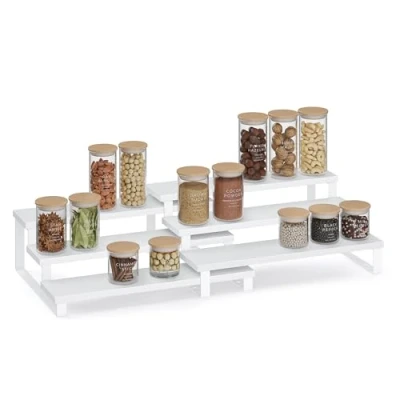 Image of SONGMICS Spice Rack, Set of 2 Cabinet Shelf Organisers, 3 Tier Extendable Holder, Engineered Wood, Stackable, for Pantry, Cupboard, Countertop, Snow White and Cloud KCS116W01