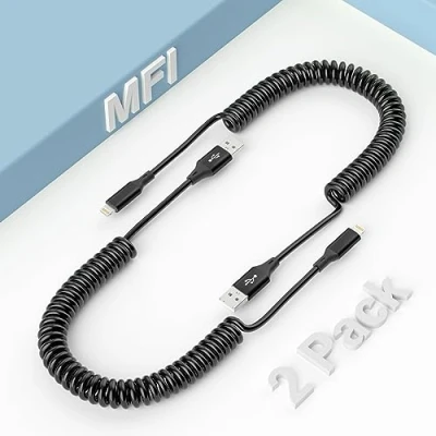 Image of Coiled Lightning Cable 2 Pack, Apple Carplay Cable&amp; MFi Certified, Short Retractable Charging Cord with Data Transmission