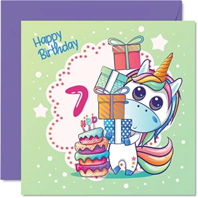 Image of 7th Birthday Card Girl Magical Unicorn Cake for 7 Year Old Girl, Age Girls Cards, 145mm x Cute Seven Seventh Greeting