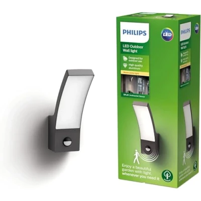 Image of PHILIPS LED Splay Outdoor Wall Light with Motion Sensor [Warm White Anthracite Grey] Water Resistant IP44, for Garden, Patio and Terrace Lighting.