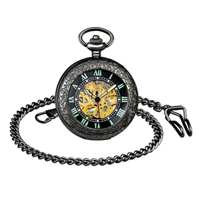 Image of MICGIGI Unisex Pocket Watch Mechanical Hand Wind Luminous Analogue Skeleton Movement Fob Watches with Chain