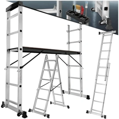 Image of tectake® Aluminium Multi Purpose Ladder, Adjustable 3 in 1 Scaffolding, Step Work Platform, 150 kg Capacity, Durable Folding Frame, Scaffold Safety Bar, Rubber Feet with Wheels