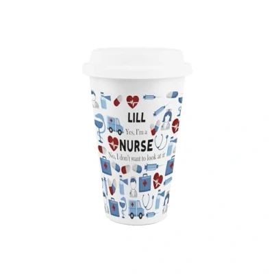 Image of Custom Nurse Ceramic Travel Mug Personalised Medical Training Trades Gift for New Job Reusable Silicone Lid Double Walled Insulated Hot/Cold Drinks Cup Present