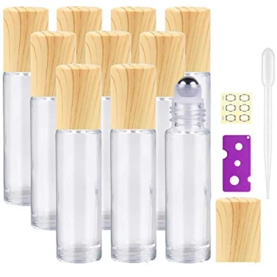 Image of Yalbdopo 10Pcs, 10Ml Essential Oil Roller Bottles Refillable Clear Glass Roll on with Stainless Steel Ball &amp; Wood Grain Plastic Cap, Include 12 Label, Dropper Opener
