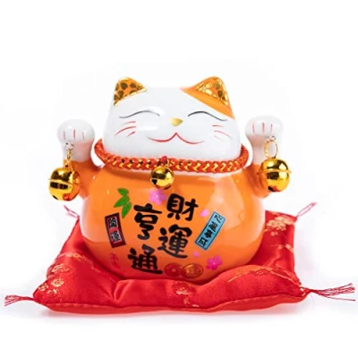 Image of lachineuse Cat Maneki Neko Japanese Lucky Money Box Asian Traditions Orange Porcelain Japan Asia Decoration and Gift Idea Protection, Luck Happiness