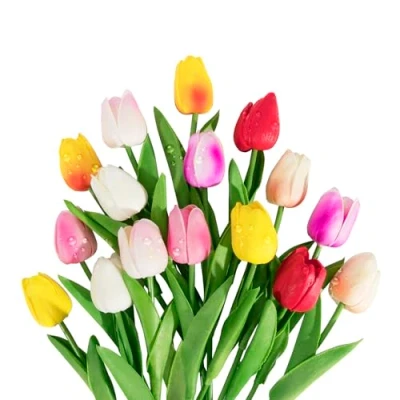 Image of SMALUCK 16 Pcs Artificial Tulips Flowers Fake Latex Real Touch for Party Home Wedding Decoration and DIY Decor, Multicolor