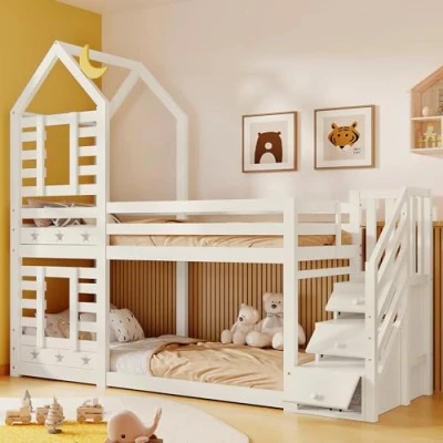 Image of Merax Wooden Bunk Beds for Kids, Tree House Toddler Bed with Storage &amp; Ladder, 3FT Frame Window Children, 2x Slatted Kids Bed, Cabin Full length Guardrail, White 190x90cm