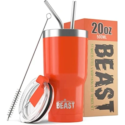 Image of Beast Tumbler 550 ml (20 oz), Orange Reusable Stainless Steel, Vacuum Insulated Cup with + 2 Straws &amp; Cleaning Brush Double Wall Travel Flask Perfect for Hot or Iced Coffee BPA Free
