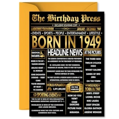Image of Gold 76th Birthday Card for Men Women Black &amp; Golden Newspaper Born in 1949 Happy 76 Cards Auntie Dad Nan Nanny Brother Wife, 5x7 Inch Bday Greeting