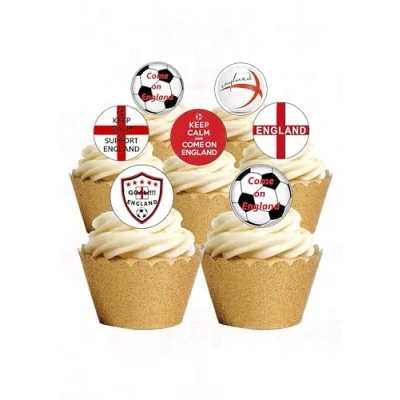 Image of 24 Precut Round Come On England Football Sport Edible Wafer paper Cake Cupcake Toppers Decorations