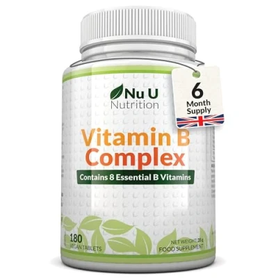 Image of Vitamin B Complex High Strength 180 Vegan Tablets 6 Month Supply Contains All 8 Vitamins in 1 Tablet B1, B2, B3, B5, B6, B12, Biotin &amp; Folic Acid Nu U Nutrition