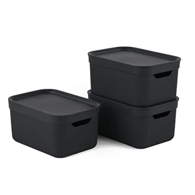 Image of Jive Dekobox Set of 3 5 L Storage Boxes with Lids, Plastic (Recycled PP), Dark Grey, x (26.5 18.5 20 cm), Darkgray