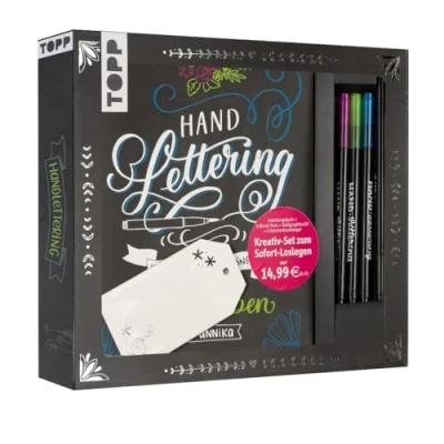 Image of Kreativ Set Handlettering: Buch mit Anleitungen und Inspirationen sowie 3 Brush Pens, Kalligraphiestift 6 Geschenkanhängern (Buch plus Material)