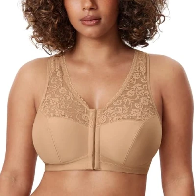 Image of Delimira Women&#039;s Front Fastening Bras Lace Wireless Plus Size Full Coverage Racerback Support Bra Natural 38H