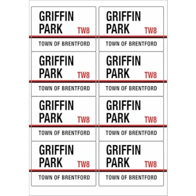 Image of Griffin Park TW8 Brentford Road Sign Rectangular Matt Paper Stickers A4 Sheet of 8 (Each Sticker is 99mm x 68mm)